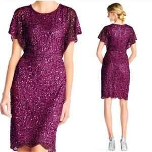 Adrianna Papell Cabernet Purple Sequin Beaded Flutter Sleeve Cocktail Dress 12